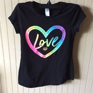 Justice T-shirt black with multi colored heart size 7